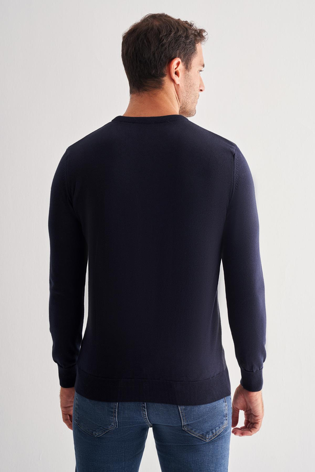 Koyu Lacivert Bisiklet Yaka Uzun Kol Cepsiz Comfort Fit Pamuklu Triko Kazak 1012255217