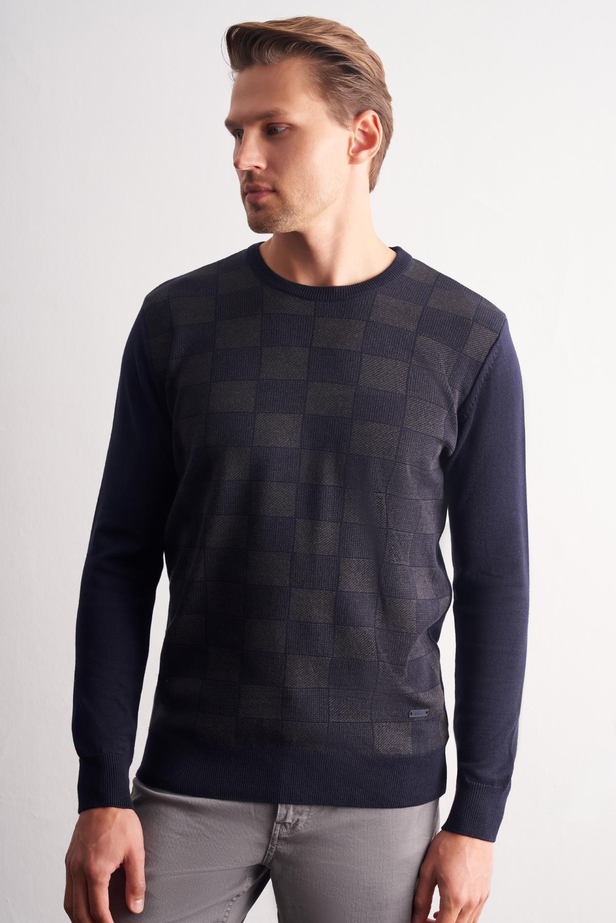 Koyu Lacivert Bisiklet Yaka Uzun Kol Cepsiz Comfort Fit Pamuklu Triko Kazak 1012255221