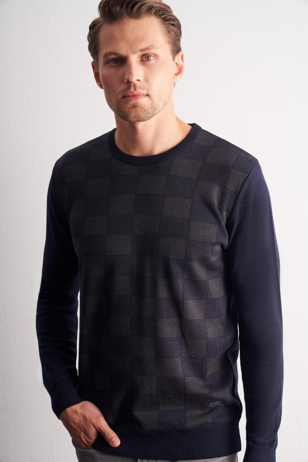 Koyu Lacivert Bisiklet Yaka Uzun Kol Cepsiz Comfort Fit Pamuklu Triko Kazak 1012255221