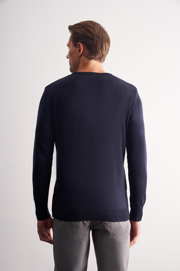 Koyu Lacivert Bisiklet Yaka Uzun Kol Cepsiz Comfort Fit Pamuklu Triko Kazak 1012255221