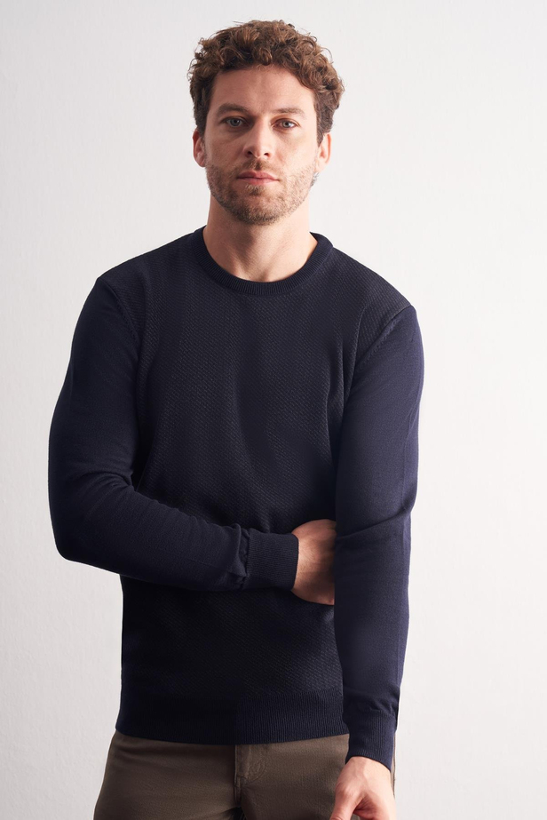 Koyu Lacivert Bisiklet Yaka Uzun Kol Cepsiz Comfort Fit Pamuklu Triko Kazak 1012255220