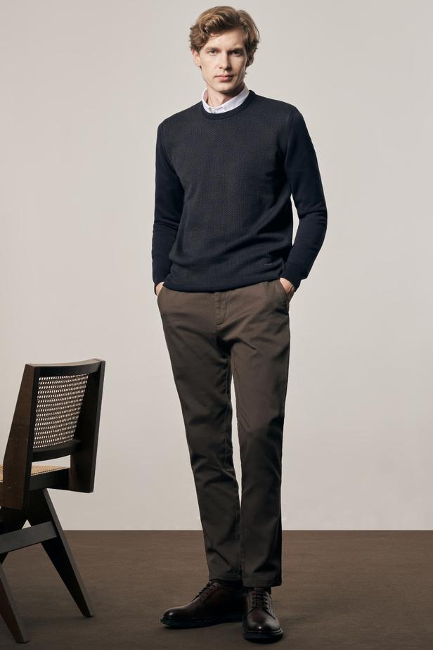 Koyu Lacivert Bisiklet Yaka Uzun Kol Cepsiz Comfort Fit Pamuklu Triko Kazak 1012255216