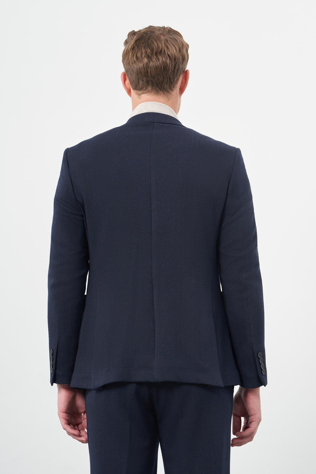 Koyu Lacivert Çizgili Desen Örme Kılıç Yaka Astarsız Çift Yırtmaç 2 Düğme Beli Lastikli 6 Drop Slim Fit Classic Takım Elbise 1001245170