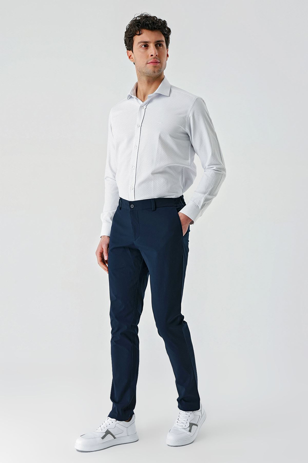 Koyu Lacivert Desenli Gofreli Pamuklu Likralı Yan Cepli Slim Fit Dar Kesim Casual Pantolon 1003240206