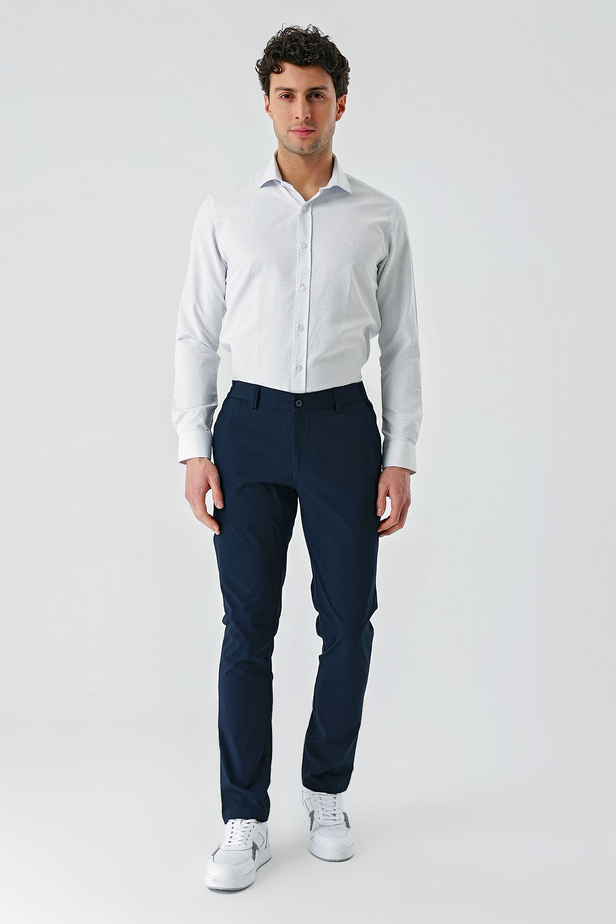Koyu Lacivert Desenli Gofreli Pamuklu Likralı Yan Cepli Slim Fit Dar Kesim Casual Pantolon 1003240206