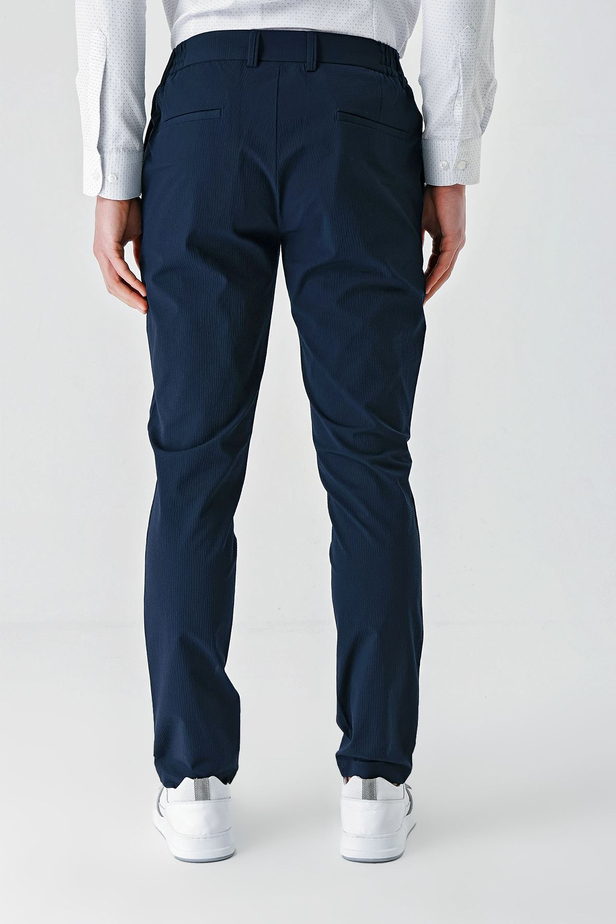 Koyu Lacivert Desenli Gofreli Pamuklu Likralı Yan Cepli Slim Fit Dar Kesim Casual Pantolon 1003240206