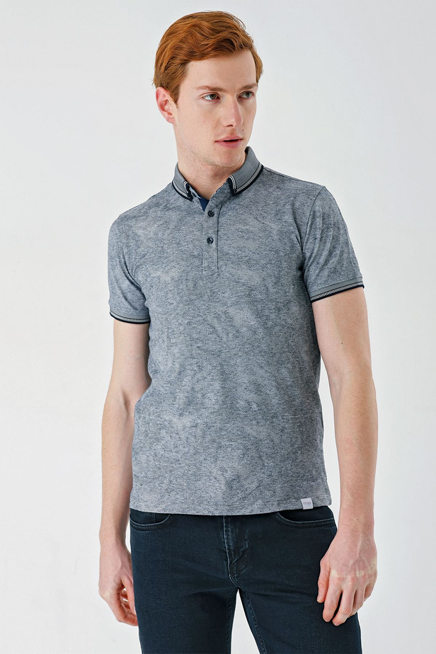 Koyu Lacivert Desenli Jakarlı Düğmeli Yaka Cepli Casual Slim Fit Dar Kesim Tişört 1011240176