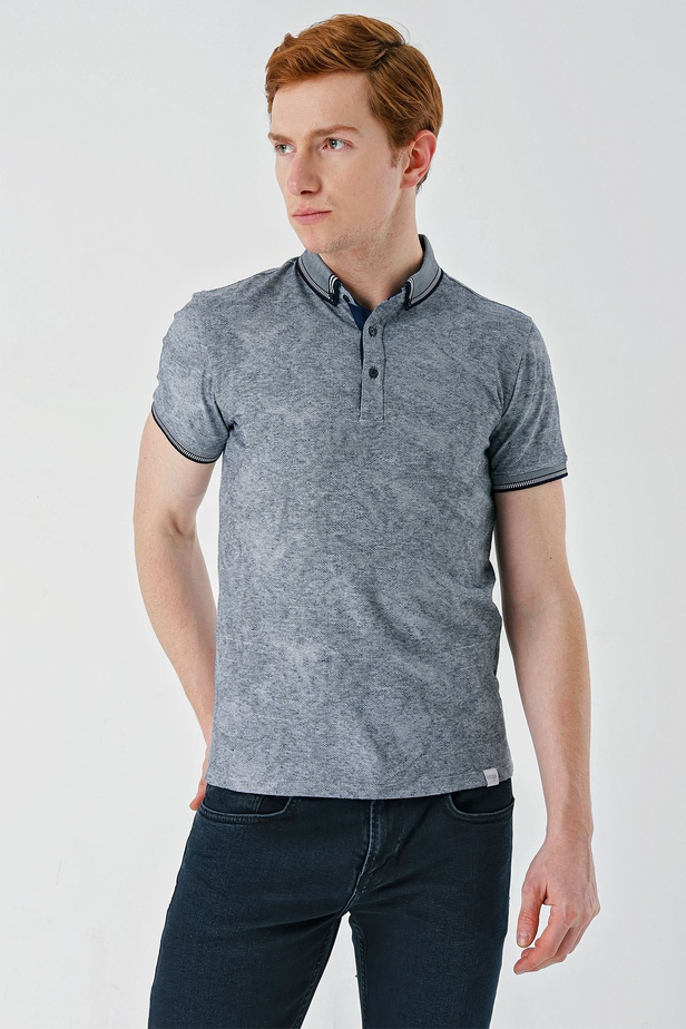 Koyu Lacivert Desenli Jakarlı Düğmeli Yaka Cepli Casual Slim Fit Dar Kesim Tişört 1011240176
