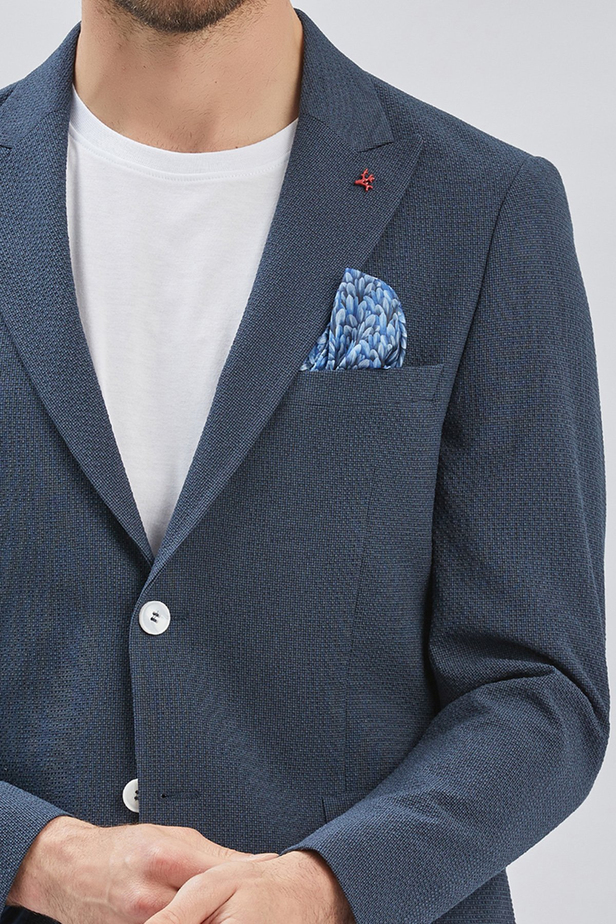 Koyu Lacivert Desenli Kırlangıç Yaka Likralı 6 Drop Slim Fit Dar Kesim Casual Ceket 1002240155