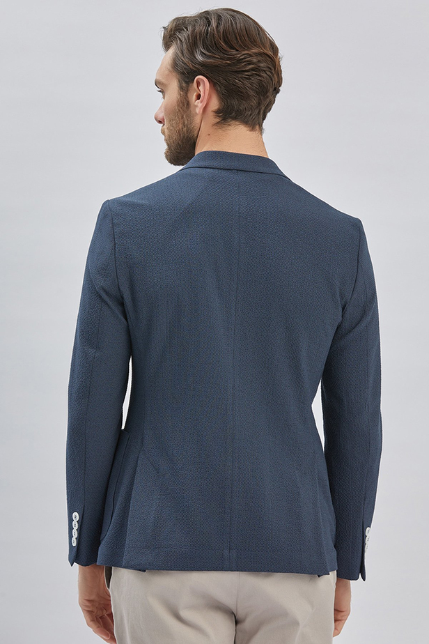 Koyu Lacivert Desenli Kırlangıç Yaka Likralı 6 Drop Slim Fit Dar Kesim Casual Ceket 1002240155