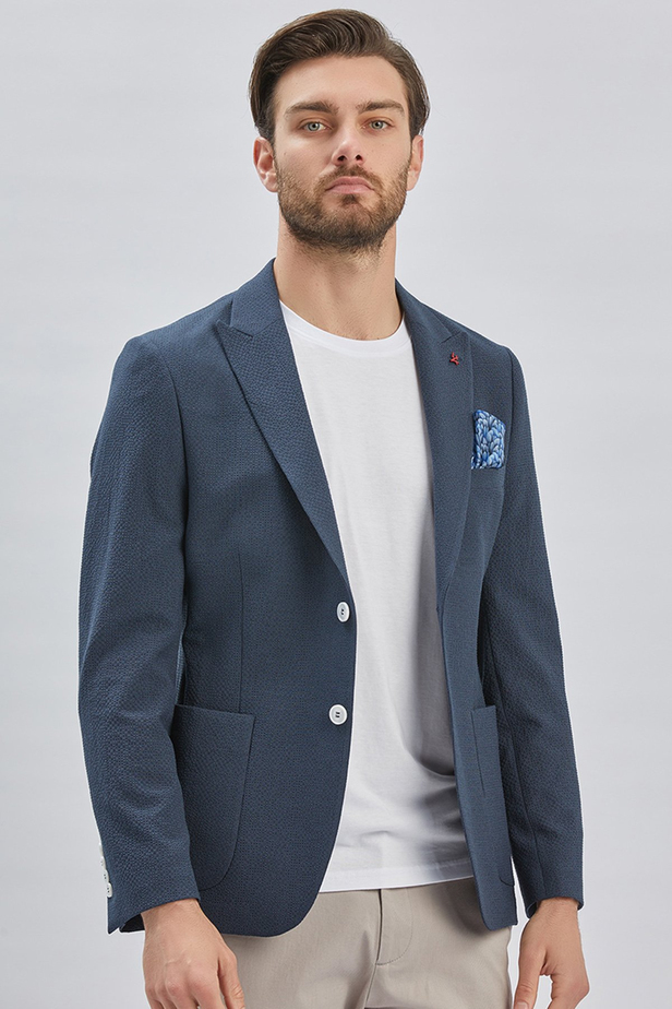Koyu Lacivert Desenli Kırlangıç Yaka Likralı 6 Drop Slim Fit Dar Kesim Casual Ceket 1002240155
