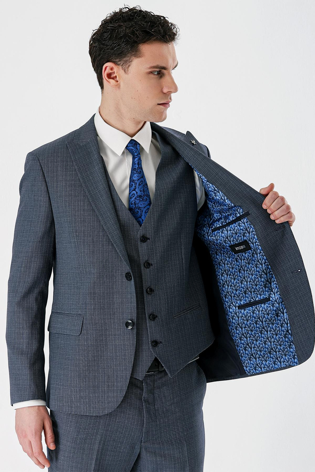 Koyu Lacivert Desenli Kırlangıç Yaka Yelekli 6 Drop Slim Fit Dar Kesim Klasik Takım Elbise 1001240157