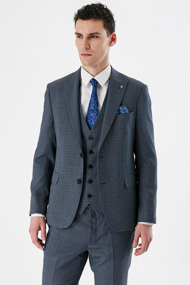 Koyu Lacivert Desenli Kırlangıç Yaka Yelekli 6 Drop Slim Fit Dar Kesim Klasik Takım Elbise 1001240157