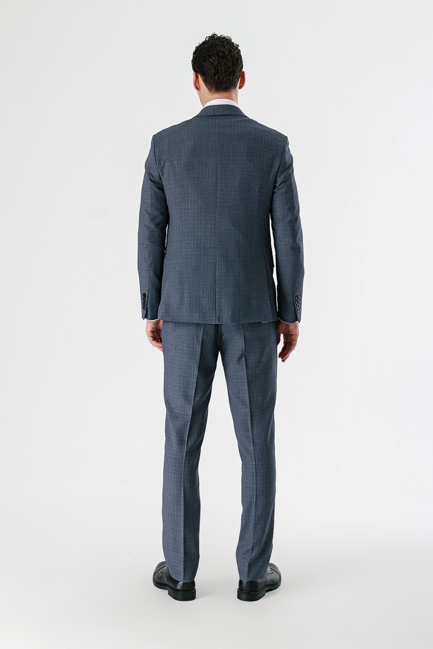 Koyu Lacivert Desenli Kırlangıç Yaka Yelekli 6 Drop Slim Fit Dar Kesim Klasik Takım Elbise 1001240157