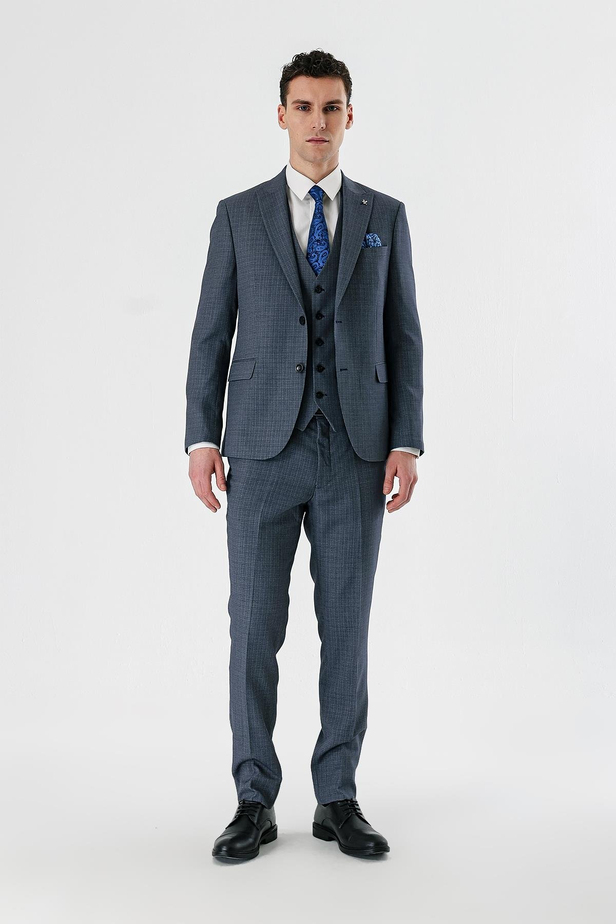 Koyu Lacivert Desenli Kırlangıç Yaka Yelekli 6 Drop Slim Fit Dar Kesim Klasik Takım Elbise 1001240157