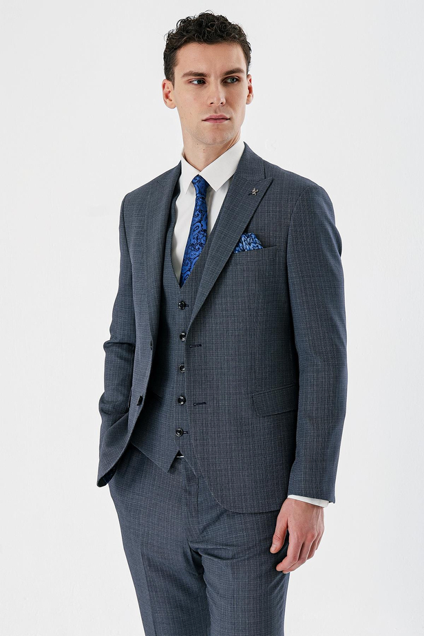 Koyu Lacivert Desenli Kırlangıç Yaka Yelekli 6 Drop Slim Fit Dar Kesim Klasik Takım Elbise 1001240157
