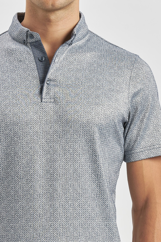 Koyu Lacivert Desenli Merserize Düğmeli Yaka Garnili Pamuklu Casual Slim Fit Dar Kesim Tişört 1011240164
