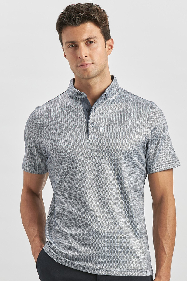 Koyu Lacivert Desenli Merserize Düğmeli Yaka Garnili Pamuklu Casual Slim Fit Dar Kesim Tişört 1011240164