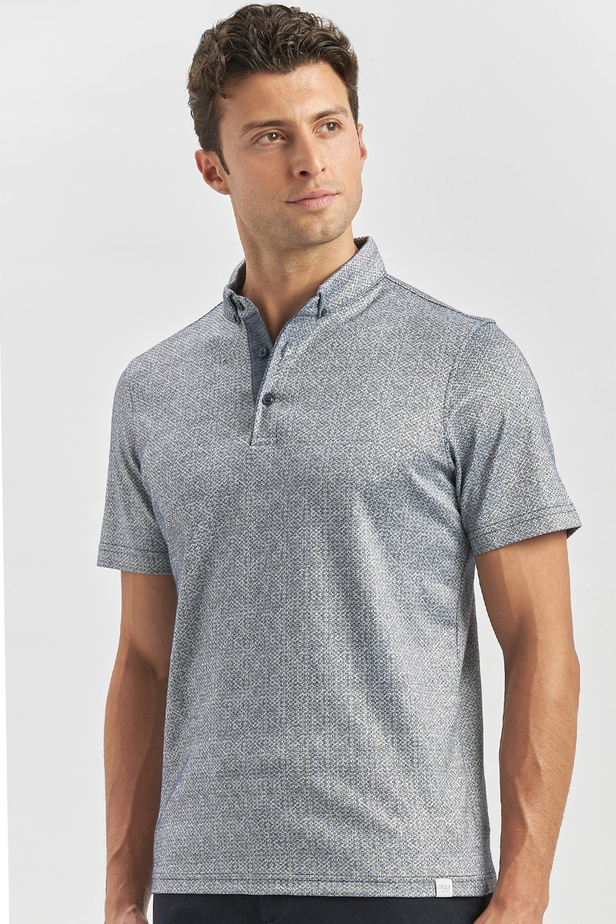 Koyu Lacivert Desenli Merserize Düğmeli Yaka Garnili Pamuklu Casual Slim Fit Dar Kesim Tişört 1011240164