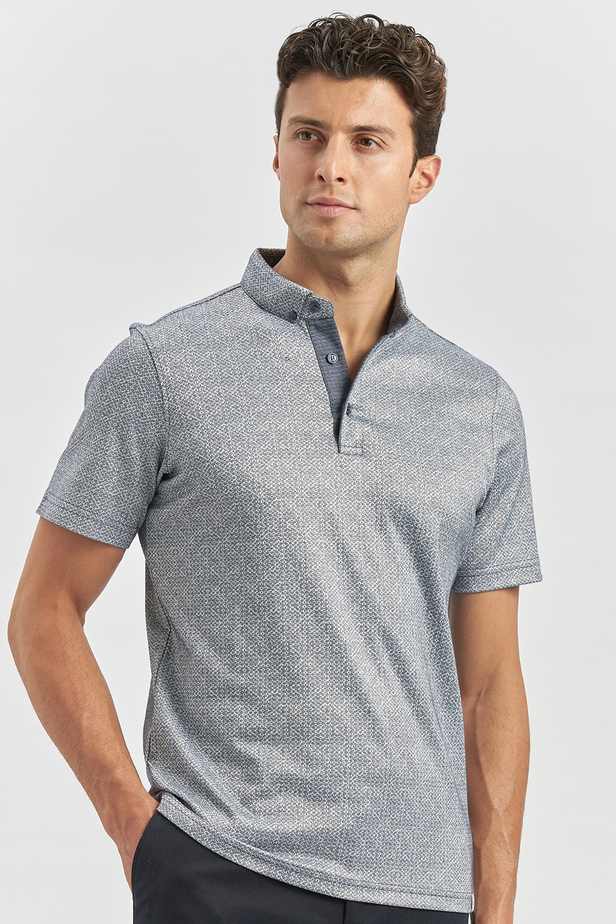 Koyu Lacivert Desenli Merserize Düğmeli Yaka Garnili Pamuklu Casual Slim Fit Dar Kesim Tişört 1011240164