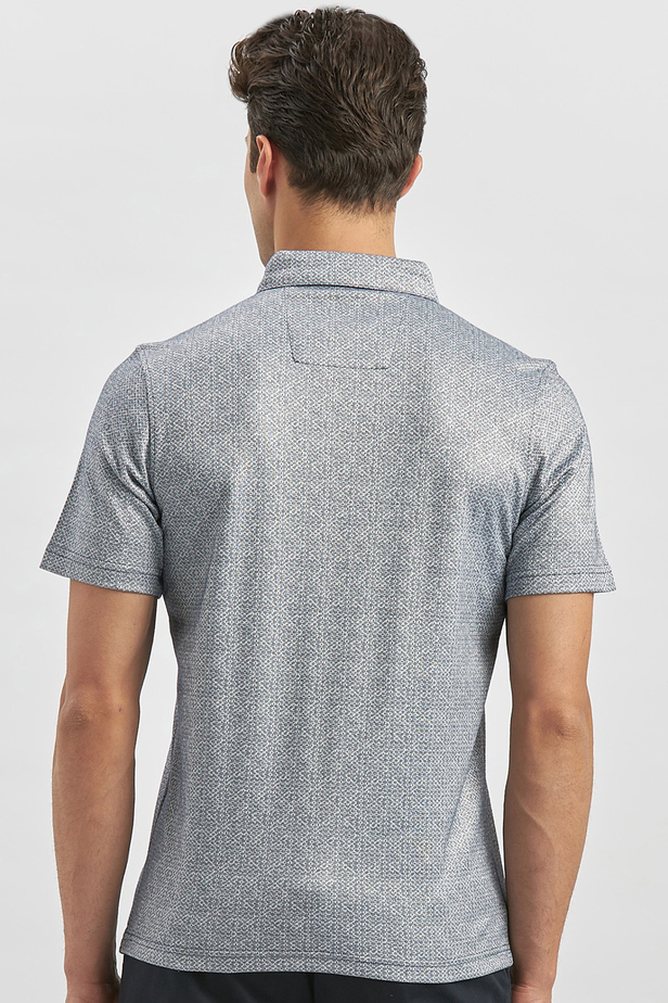 Koyu Lacivert Desenli Merserize Düğmeli Yaka Garnili Pamuklu Casual Slim Fit Dar Kesim Tişört 1011240164