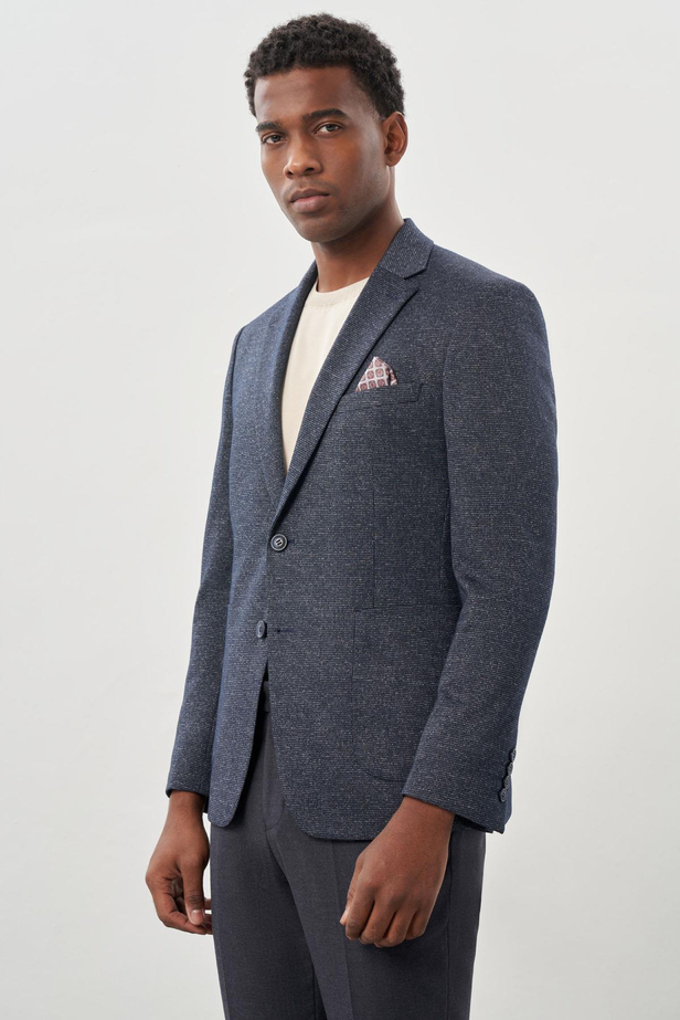 Koyu Lacivert Desenli Örme Mono Yaka Astarsız Esnek 6 Drop Slim Fit Casual Ceket 1002245159