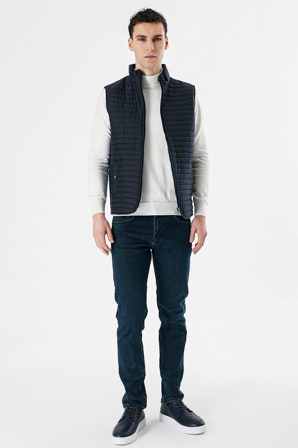 Koyu Lacivert Dik Yaka Kapitone Klasik Slim Fit Yelek 1009235151