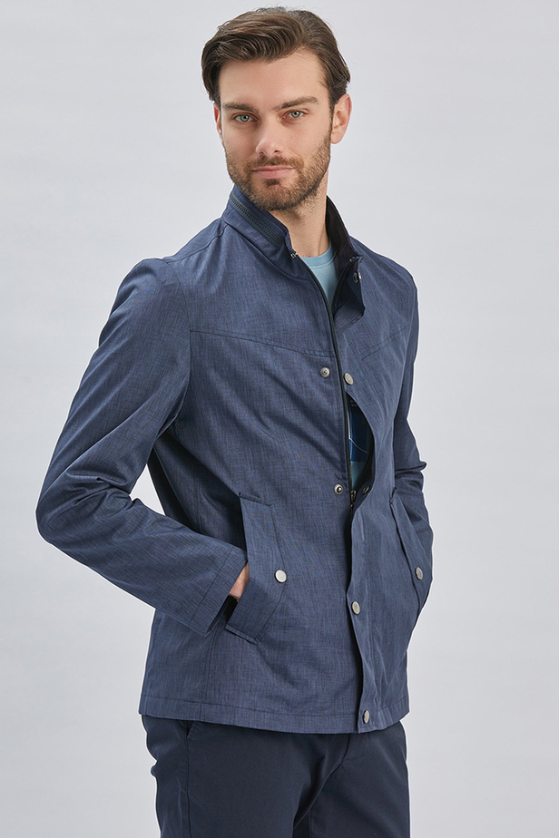 Koyu Lacivert Dik Yaka Yarım Astar Comfort Fit Rahat Kesim Casual Mont 1007240150