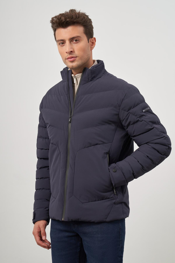 Koyu Lacivert Dolumlu Hakim Yaka Slim Fit Dar Kesim Klasik Mont 1007245153