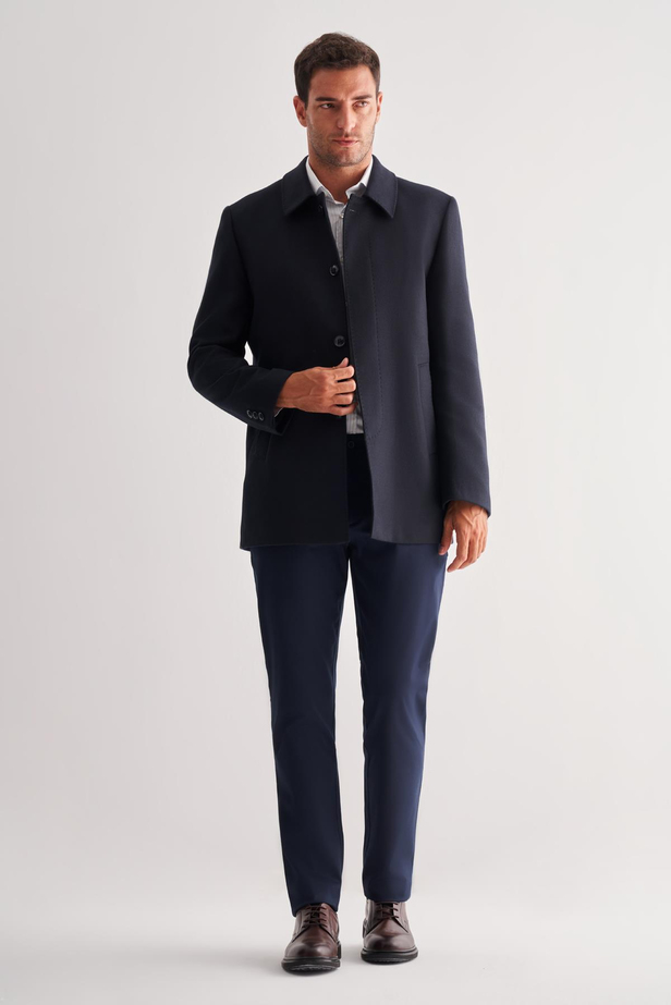 Koyu Lacivert Kaşe Bebe Yaka Kapitoneli Astar Comfort Fit Rahat Kesim Klasik Kaban 1008245161