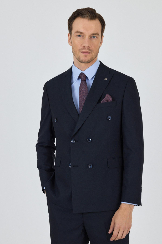 Koyu Lacivert Kılıç Yaka Düz Kruvaze Classic Esnek Slim Fit Takım Elbise 1001250172