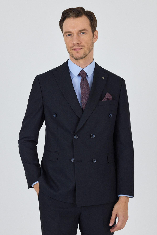 Koyu Lacivert Kılıç Yaka Düz Kruvaze Classic Esnek Slim Fit Takım Elbise 1001250172