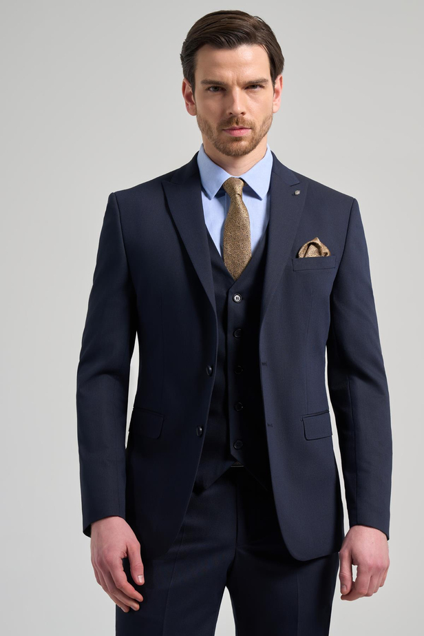 Koyu Lacivert Kılıç Yaka Kendinden Desenli 2 Düğme Classic Esnek Slim Fit Takım Elbise 1001250156