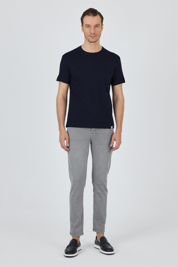 Koyu Lacivert Kısa Kol Bisiklet Yaka Cepsiz Pamuk Casual Slim Fit Tişört 1011250158