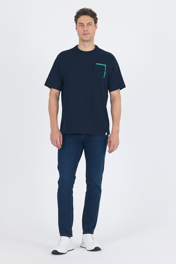 Koyu Lacivert Kısa Kol Bisiklet Yaka Kapaklı Cep Pamuk Casual Oversize Tişört 1011250131