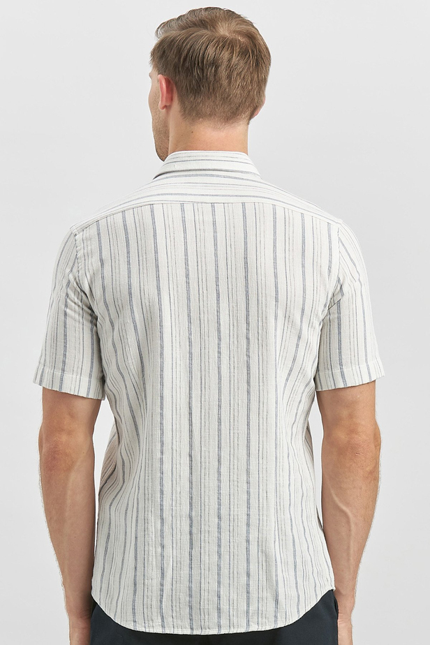 Koyu Lacivert Kısa Kollu Çizgili Armürlü Garnili Pamuklu Casual Slim Fit Dar Kesim Gömlek 1004240244