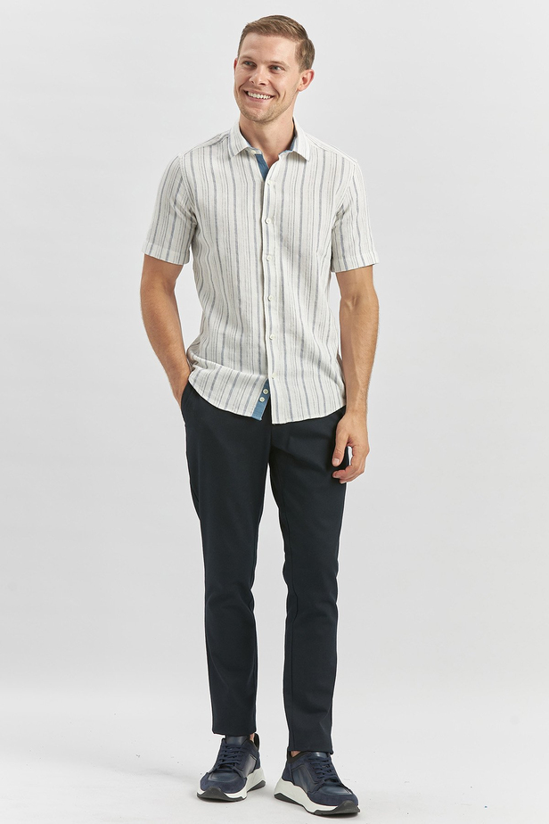 Koyu Lacivert Kısa Kollu Çizgili Armürlü Garnili Pamuklu Casual Slim Fit Dar Kesim Gömlek 1004240244