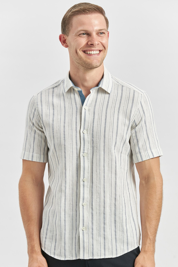 Koyu Lacivert Kısa Kollu Çizgili Armürlü Garnili Pamuklu Casual Slim Fit Dar Kesim Gömlek 1004240244