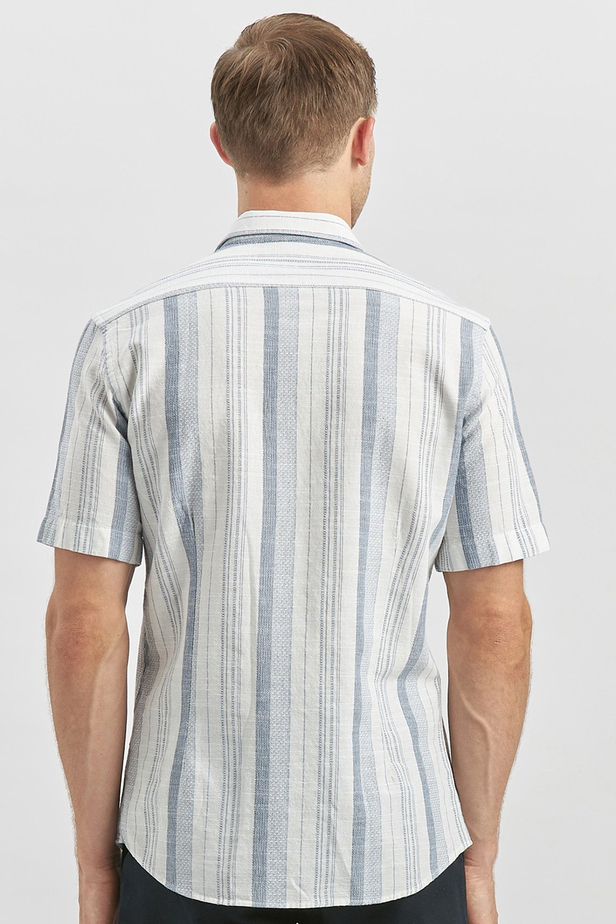 Koyu Lacivert Kısa Kollu Çizgili Armürlü Pamuklu Casual Slim Fit Dar Kesim Gömlek 1004240243