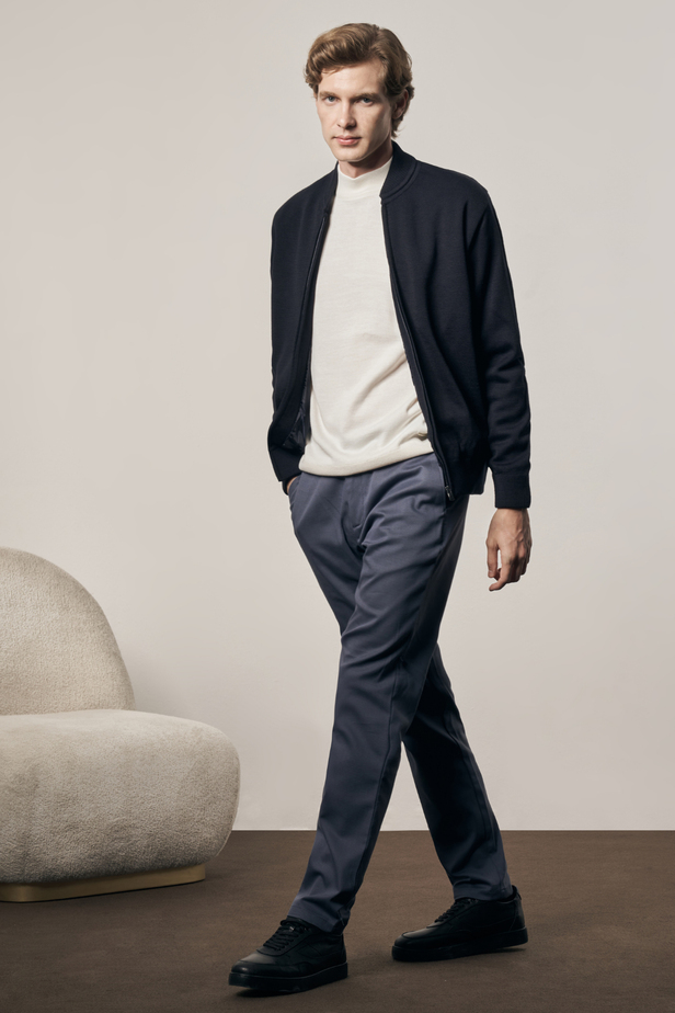 Koyu Lacivert Kolej Yaka Uzun Kol Cepsiz Comfort Fit Casual Yünlü Triko Mont 1012255211