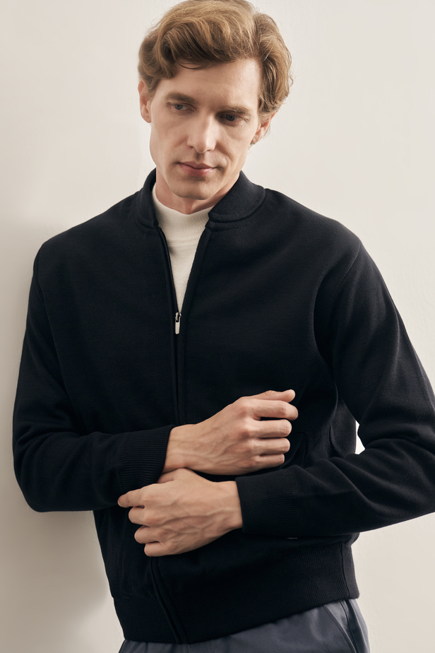 Koyu Lacivert Kolej Yaka Uzun Kol Cepsiz Comfort Fit Casual Yünlü Triko Mont 1012255211