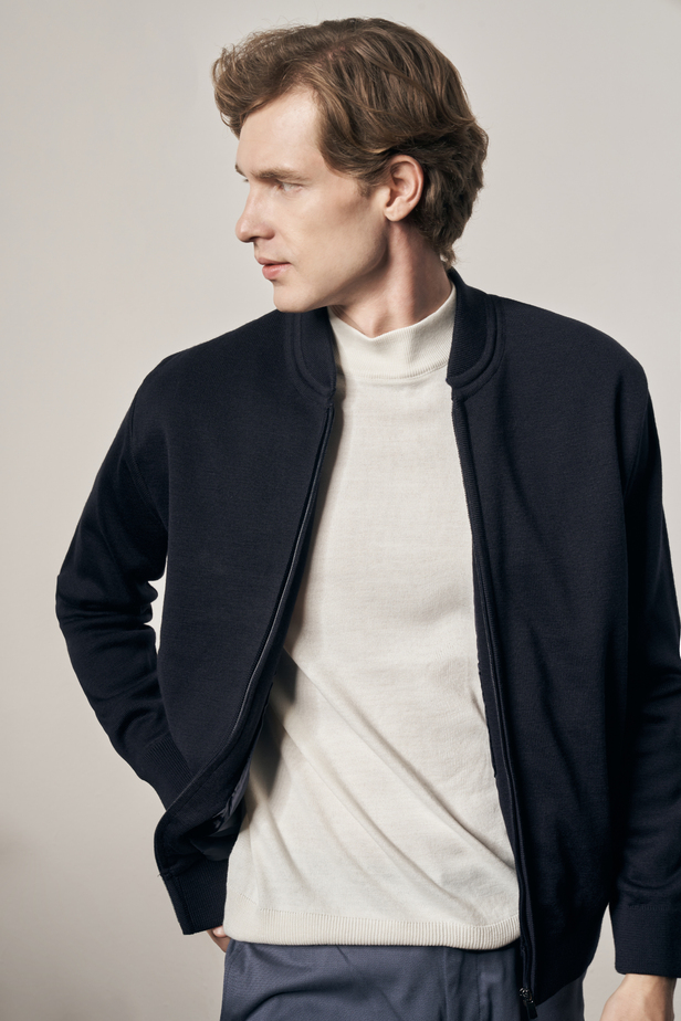 Koyu Lacivert Kolej Yaka Uzun Kol Cepsiz Comfort Fit Casual Yünlü Triko Mont 1012255211