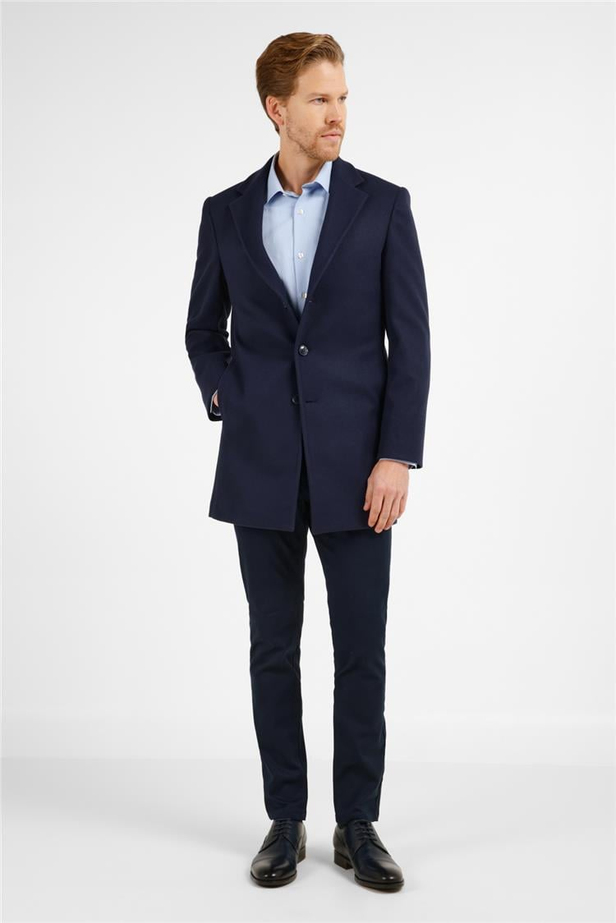 Koyu Lacivert Mono Yaka Esnek Slim Fit Classic Kaşe Palto 1005255101