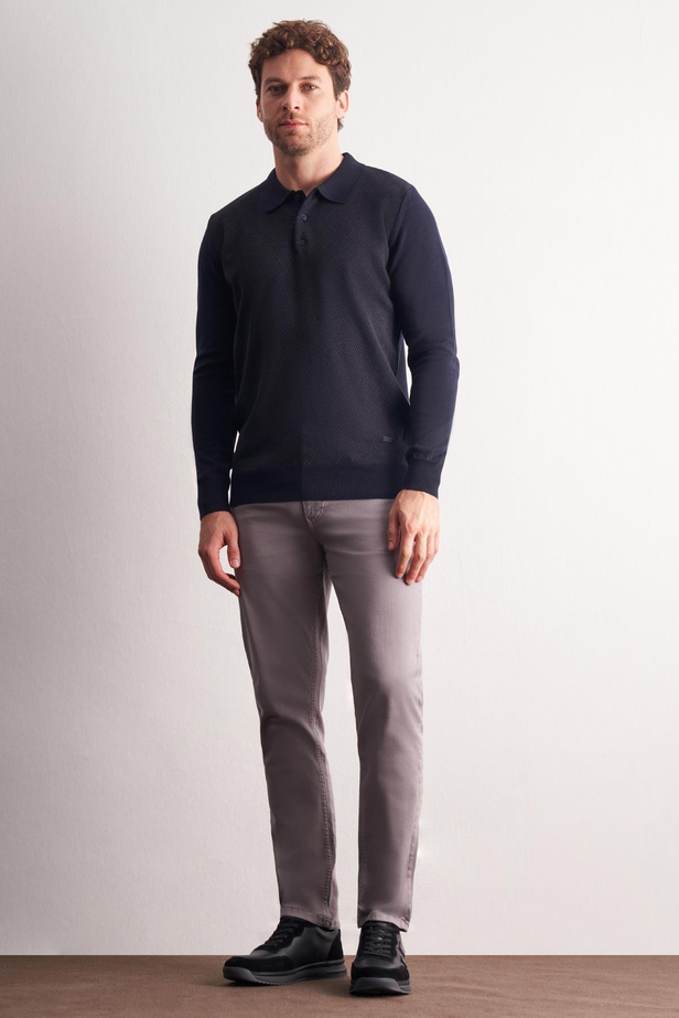 Koyu Lacivert Polo Yaka Uzun Kol Cepsiz Comfort Fit Pamuklu Triko Kazak 1012255218