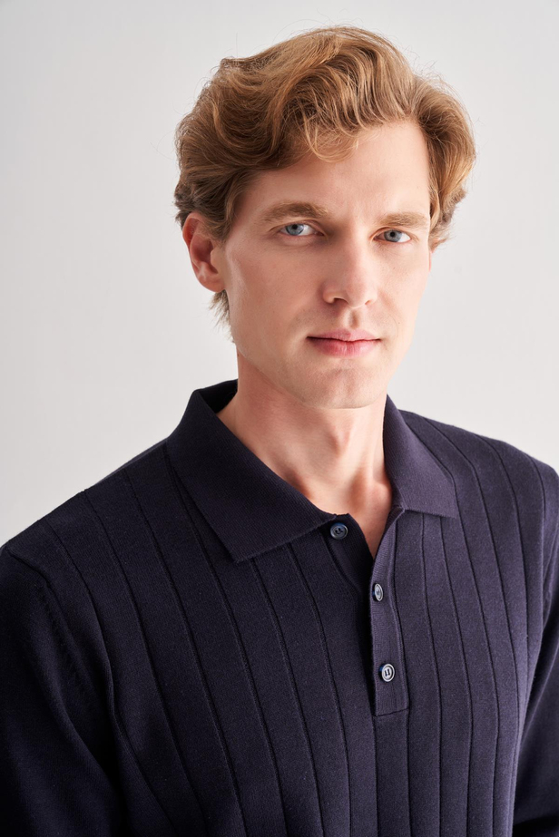 Koyu Lacivert Polo Yaka Uzun Kol Cepsiz Comfort Fit Pamuklu Triko Kazak 1012255214