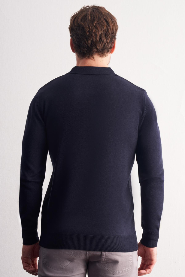 Koyu Lacivert Polo Yaka Uzun Kol Cepsiz Comfort Fit Pamuklu Triko Kazak 1012255218