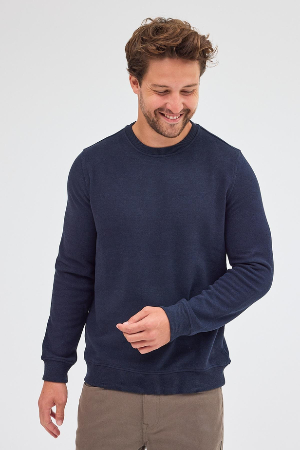 Koyu Lacivert Uzun Kol Bisiklet Yaka Düz Pamuklu Comfort Fit Sweatshirt 1013255150