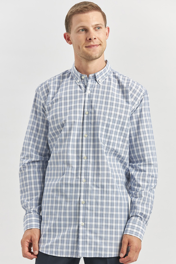 Koyu Lacivert Uzun Kol Ekose Desen Bez Ayağı Smart Düğmeli Yaka Classic Comfort Fit Gömlek 1004240253