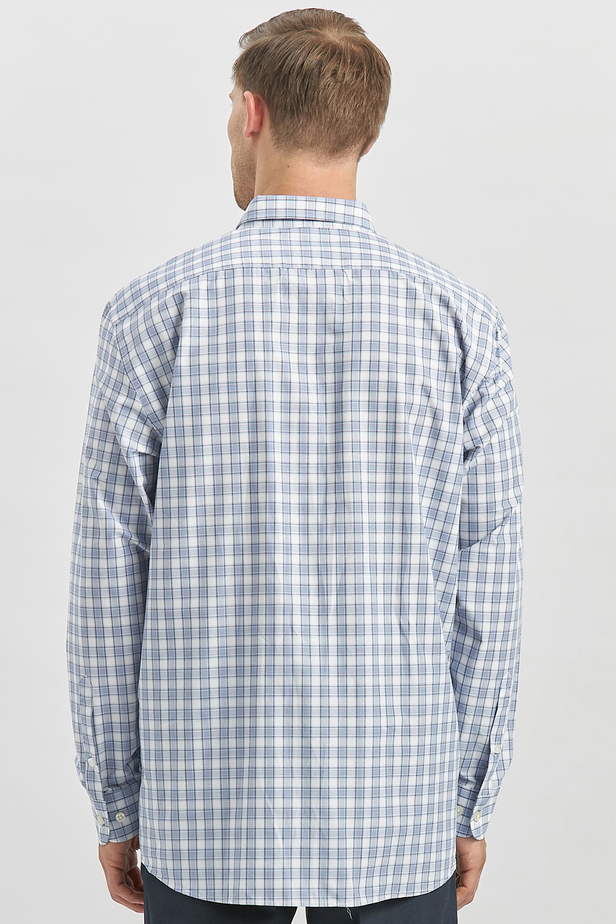 Koyu Lacivert Uzun Kol Ekose Desen Bez Ayağı Smart Düğmeli Yaka Classic Comfort Fit Gömlek 1004240253