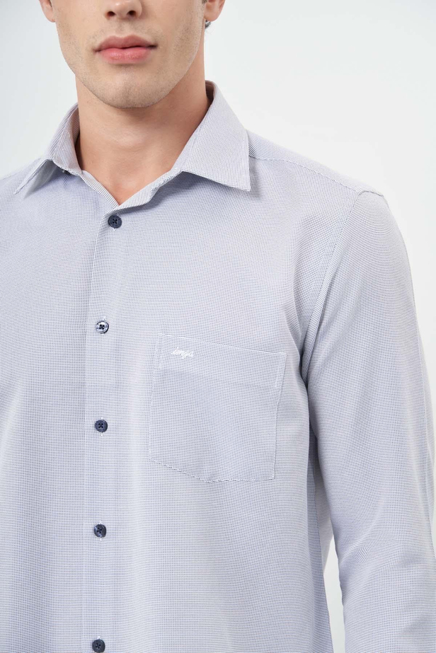 Koyu Lacivert Uzun Kol Kendinden Desenli Bez Ayağı Sert Yaka Cepli Pamuklu Classic Comfort Fit Gömlek 1004245213